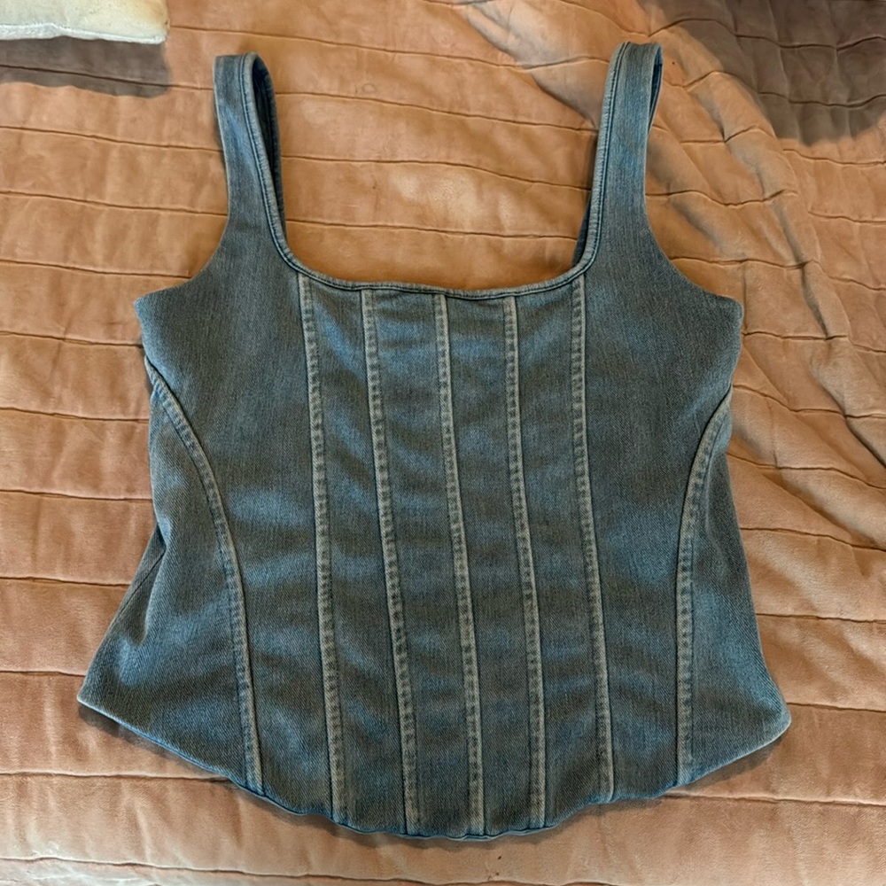 Express Body Contour Light Denim Square Neck Corset Cropped Tank
